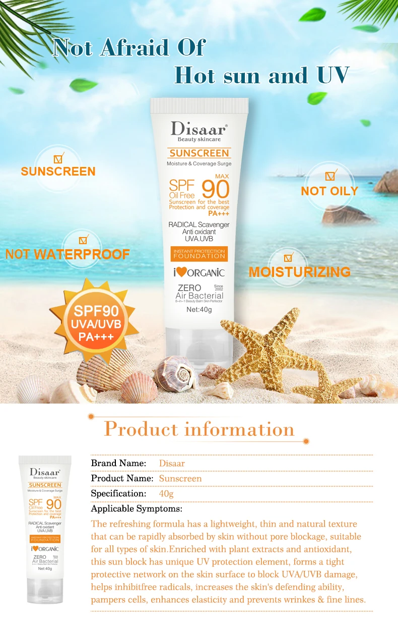Disaar SPF 90 Sunblock Sun Protection Screen Moisturizer Whitening Organic Sunscreen Cream