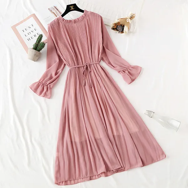 

810 Korean Fashion Long Sleeve Pleated Sashes Slim Waist Chiffon Long Dress Women Elegant Floral Dot Print Dresses Clothing