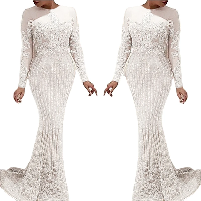 
Women Elegant White Hollow Out Sequin Bodycon Buttock Wrapping Evening Party Maxi Dress 