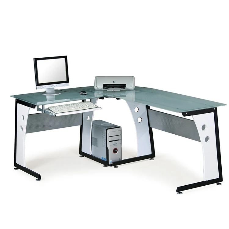 Customized transparent glass desktop metal iron frame l shape office desk corner computer table