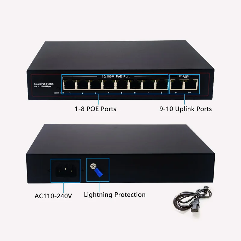 OEM/ODM  POE Switch  Unmanaged 12V/24V 10/100Mbps 8 PoE Ports with 2 10/100Mbps Uplink Ports POE Switch details