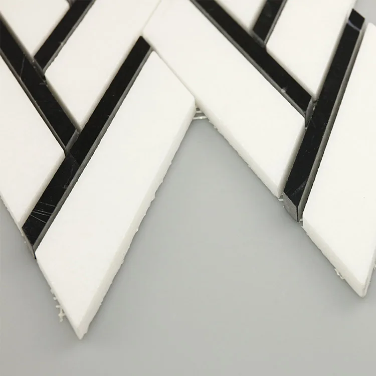 Elegance Thassos White + Nero Margiua Herringbone Mixed Marble Mosaic Floor