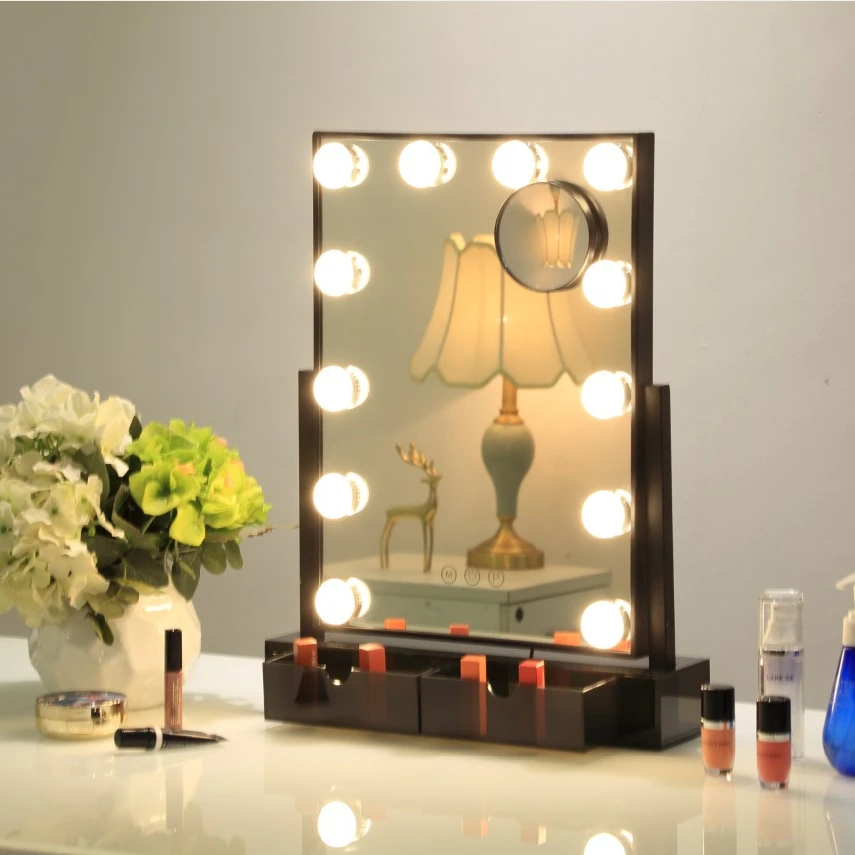 New style 12 led hollywood vanity lighted makeup mirror with organizer