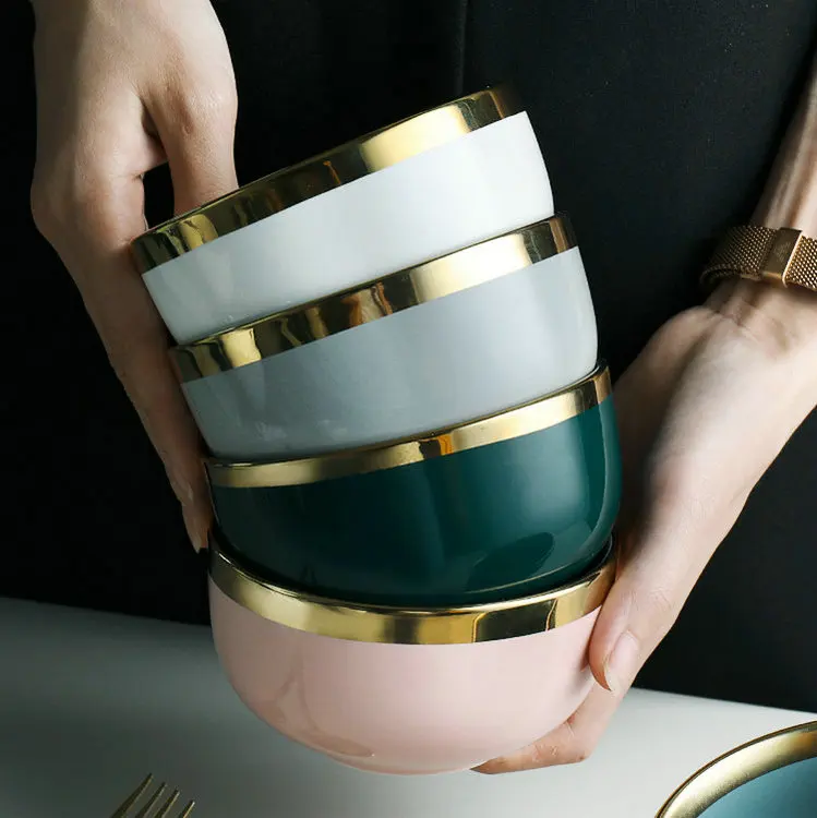 Bulk round restaurant serving white porcelain cereal soup rice bowl with gold line.jpg