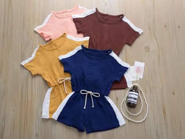 Toddler Girls Summer Clothes Solid Colour Ruffle Sleeve Jumpsuits Ribbed Round Collar Rompers Short Pants One Piece Playsuit