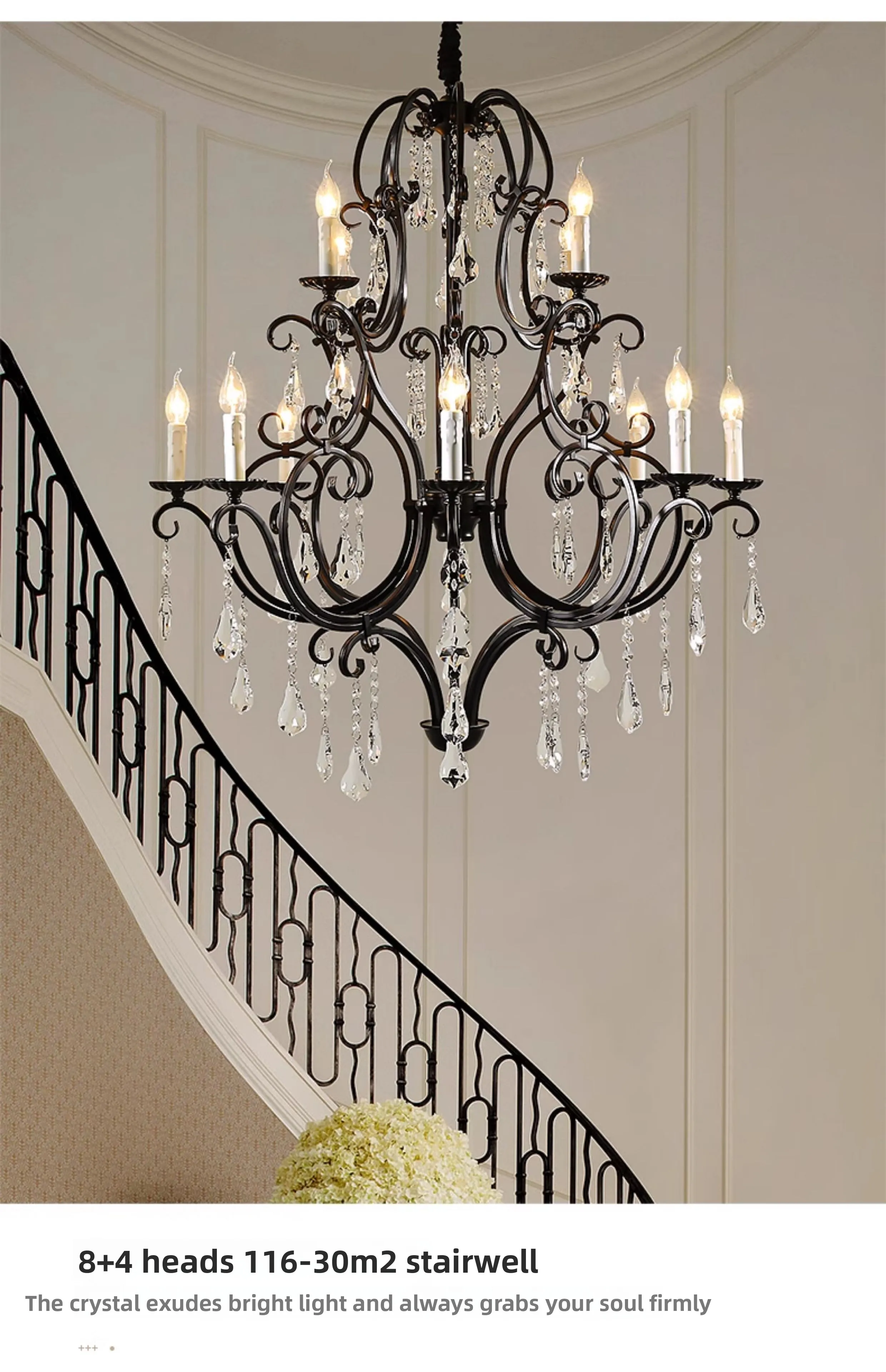 product large vintage retro brass black metal crystal chandelier customized home decor pendant light-11