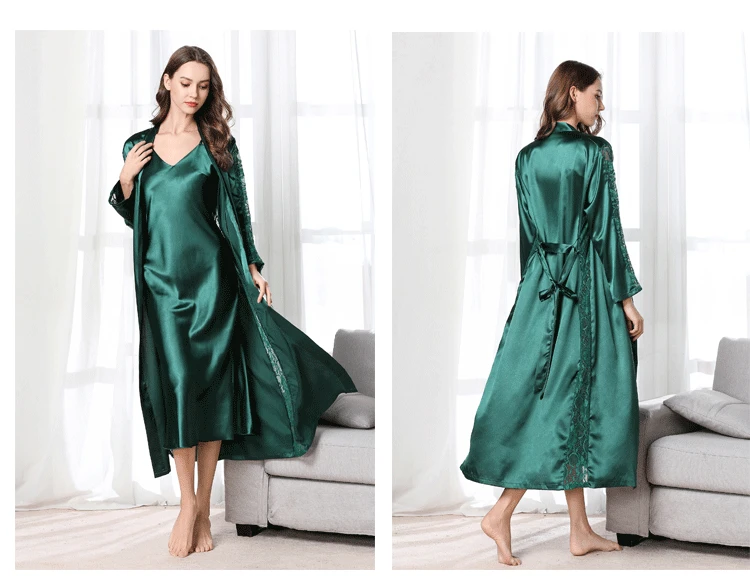 Satin Nightdress Pyjama Set Women's Sleepwear Robe Gown Sexy Lace Sleep Pijama Long Sleeve Ladies Silk Nightwear