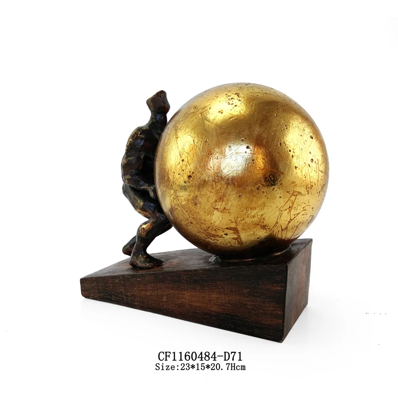 Wholesales artificial resin abstract men pushing the gold ball decoration for tabletop gifts supplier