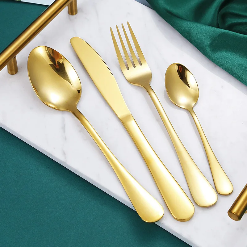 24pcs Heavy Duty Durable Stainless Steel Modern Golden Mirror Polished Steak Knife Fork Spoon Cutlery Set Stand Dishwasher Safe