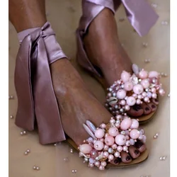 Anmairon New Arrivals Women Shoes 2021 Pearl Shell Decorated Round Toe White Satin Lace Up Women Wedding Shoes Flat Sandals
