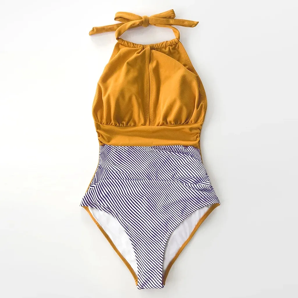 Women Stripe Halter One Piece Swimsuit Push Up Swimwear Bathing Sport
