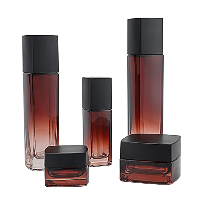 Cosmetic glass bottle set skincare packaging customization container new style square glass packaging bottle factory