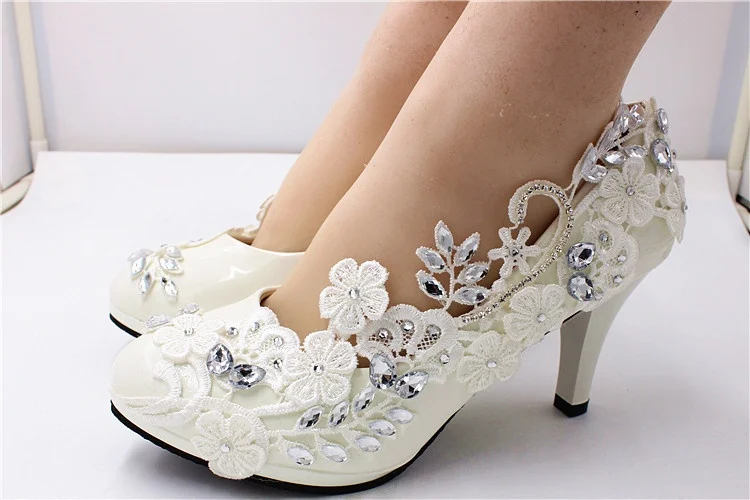 Women's White Wedding Shoes European American Style 8cm High Heels PU Round Toes Large Size Elegant Rhinestone Lace Bridal Shoe