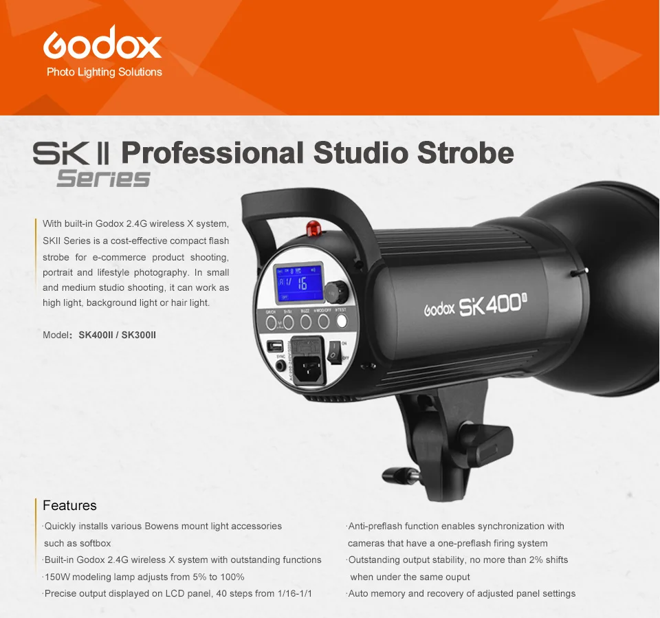 Godox Godox SK400II 400W Compact Studio Strobe Flash Light Head Bowens Mount+Reflector 