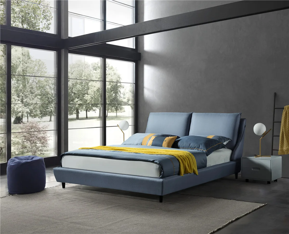 Funiture blue modern upholstery combination elastic solid wood soft  bed
