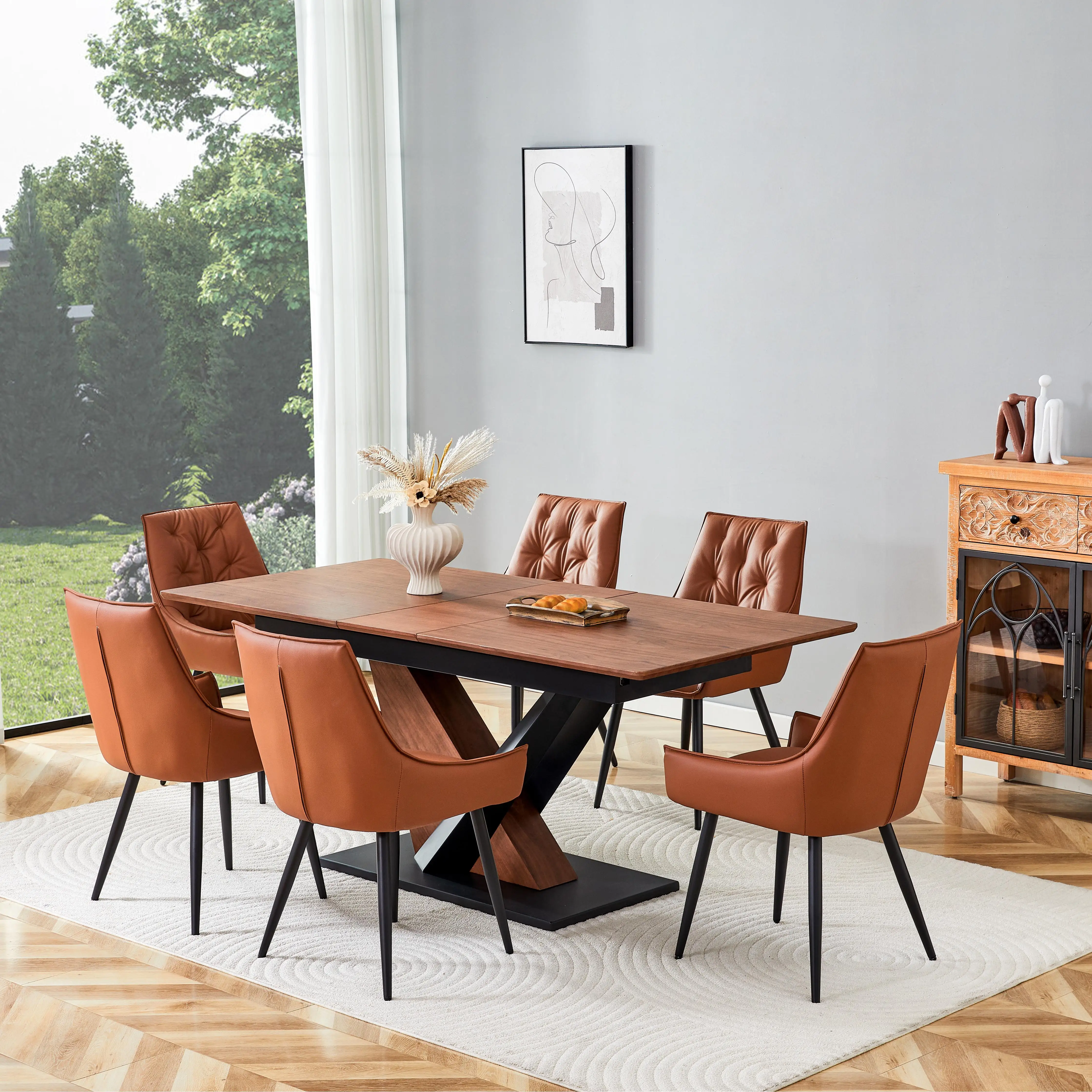 Modern Dining Table MDF Solid Wood Veneer Natural Texture Scratch ...