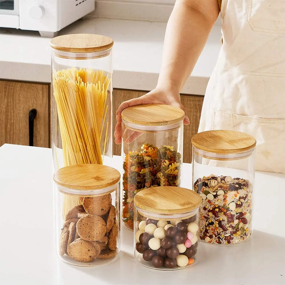 Glass Storage Container jars with Airtight Acacia Lid for Coffee Beans Sugar Rice and Spaghetti and etc Glass Canisters Set of 5 for the kitchen Flour 