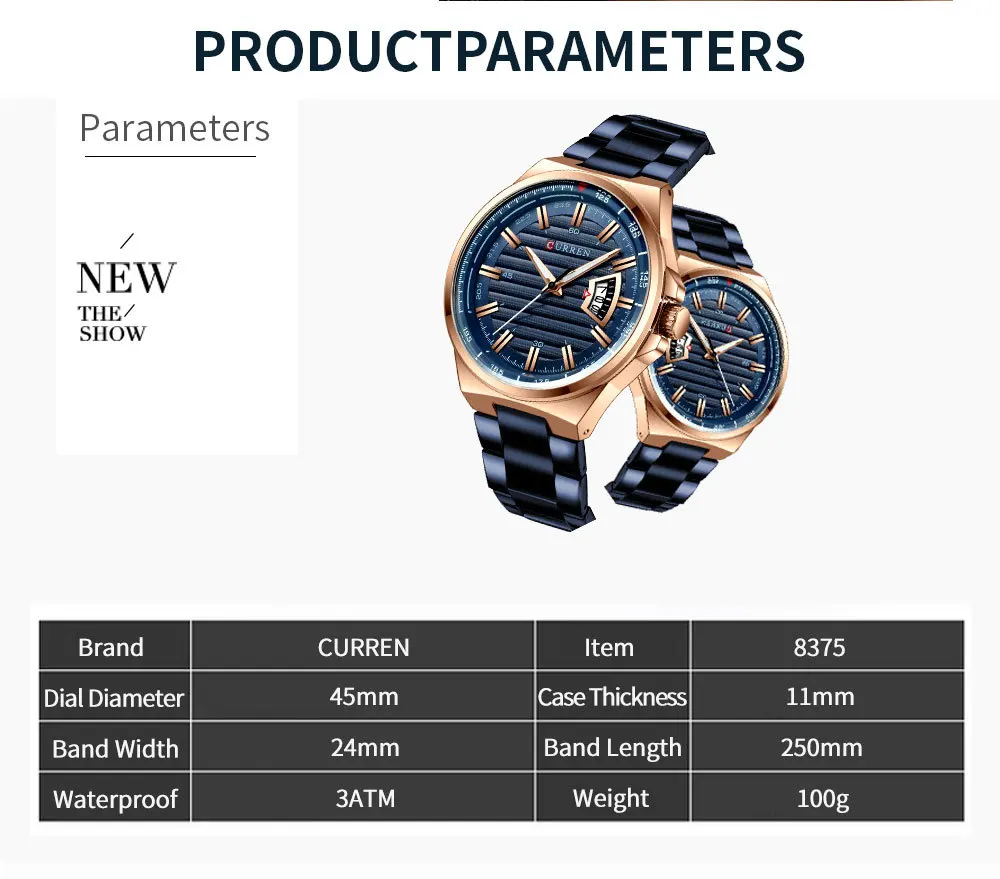 For CURREN 8375 Luxury Quartz Watches for Men Business New Calendar Relogio Masculino Waterproof Stainless Steel Band Alloy Fash