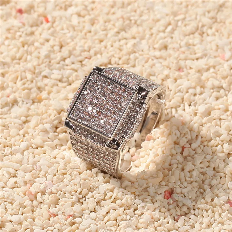 Iced Out Ring Solid 925 Sterling Silver Mens Ring ICY Hip Hop Square Micropave Mens Hip Hop Ring
