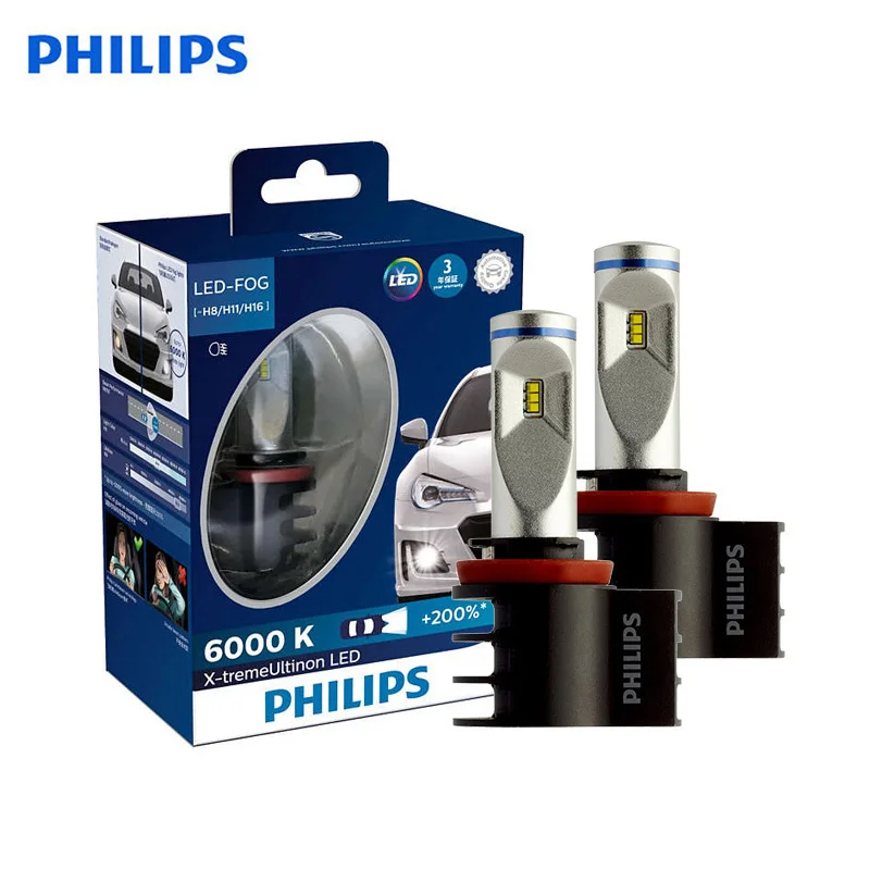 Philips X-treme Ultinon LED H8 H11 H16 6000K +200% more Bright Light Car Fog Lamps Genuine Original Bulbs 12834UNIX2,2X