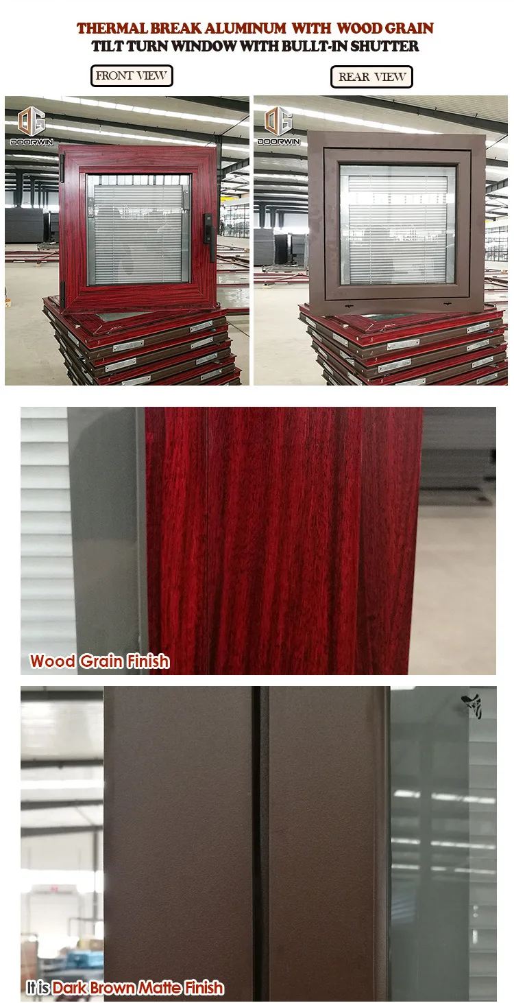 New York wood grain tempered glass aluminium tilt and turn window with built in shutters