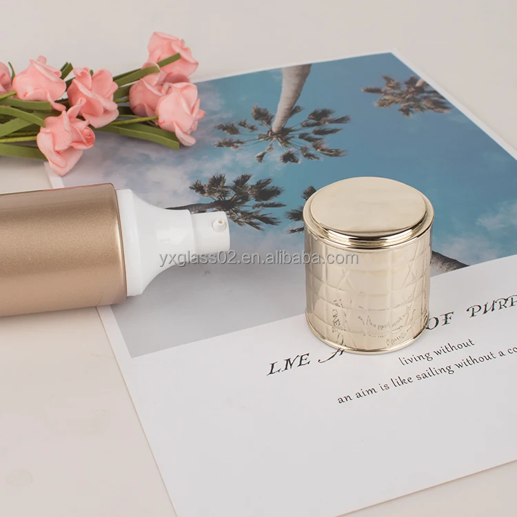 Luxury cosmetics packaging glass bottle 120ml 100ml 40ml with pump 50g 30g with gold special design lid factory