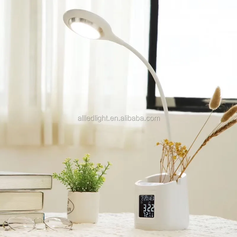 Led Desk Lamp For Home Office,Clock Lamp,Desk Light With Pen Holder And