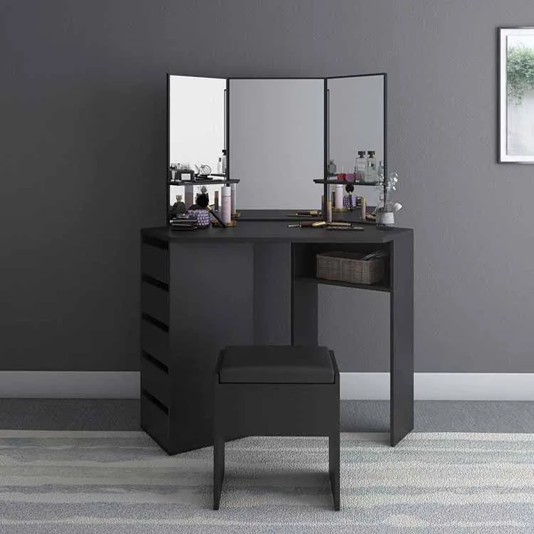top rated mdf black mirror drawer makeup vanity table dressing table with stool
