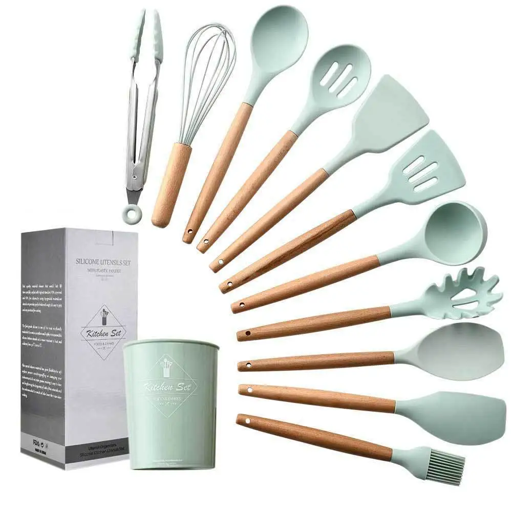 
Barrel wooden handle silicone kitchenware 11 Piece Set non stick spatula kitchen utensils cooking set 