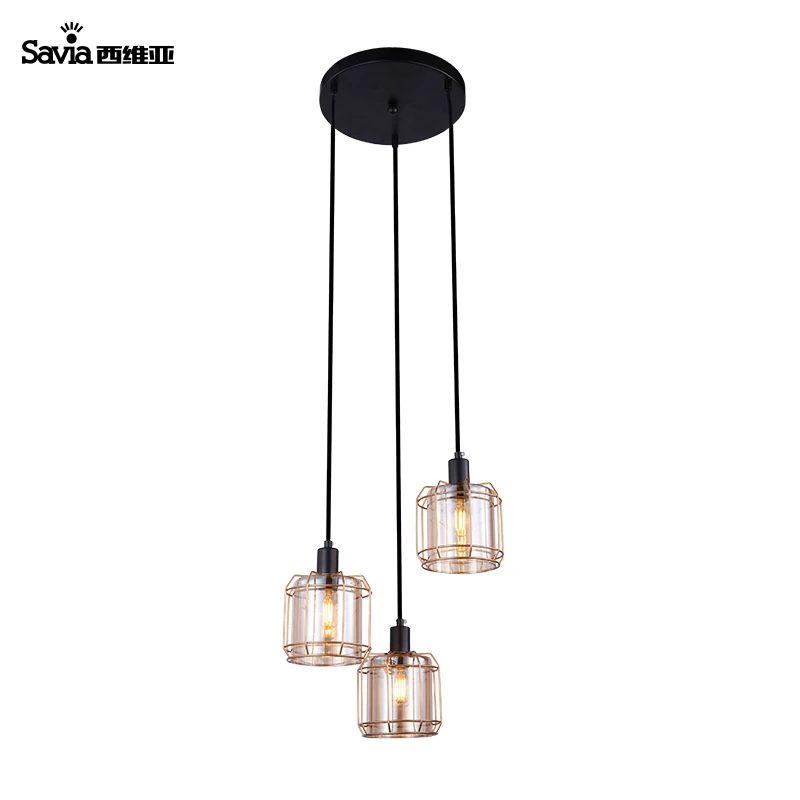 Savia LED E14 3 lamps blown glass modern metal gold cage pendant light doradas suspension rusticas lamparas para casa