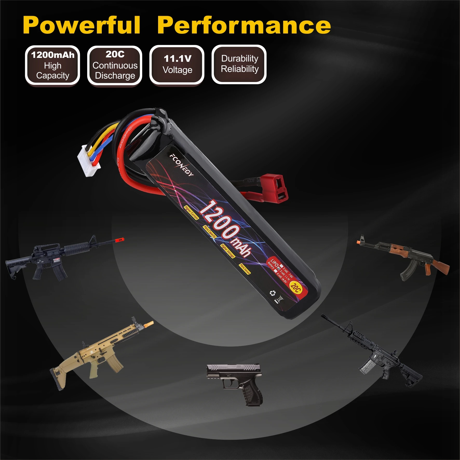 Fconery Rechargeable Airsoft Lipo Battery 11.1 Stick Pack 3s 1200mah