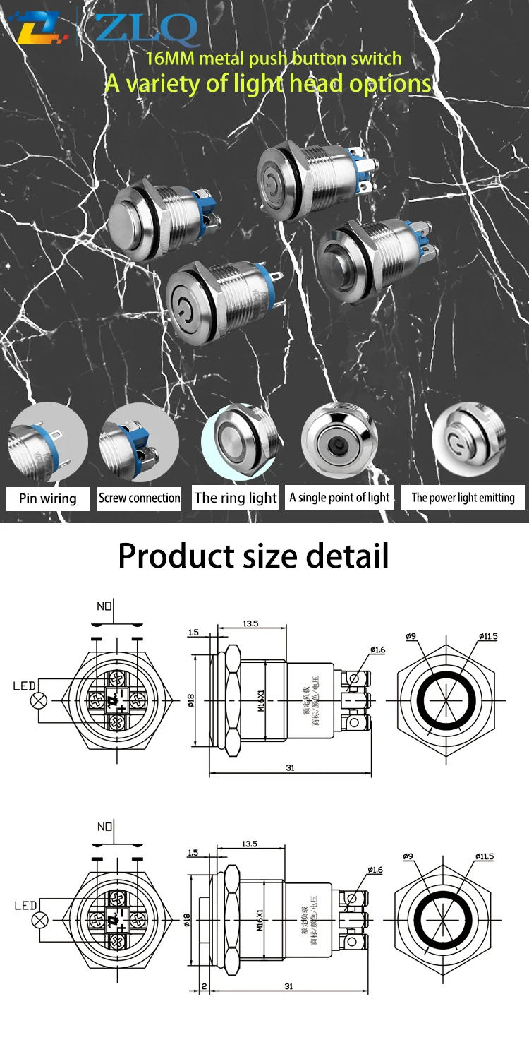 Power Symbol 16MM 12V/24V LED Momentary Horn Button Metal Switch