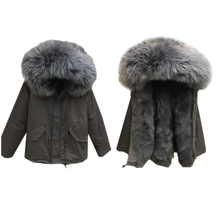 热卖灰色狐狸毛皮派克大衣女式皮革派克大衣男士超大夹克