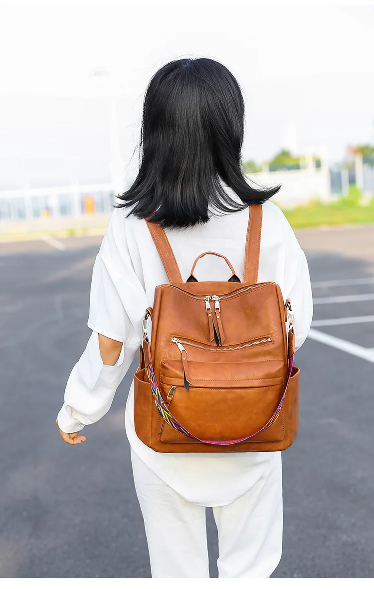 Women Retro Vegan Leather Backpack With Guitar Strap Backpack Travel