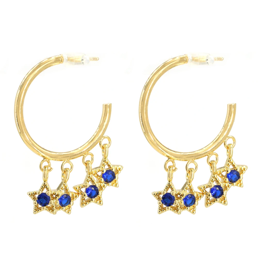 Lucky Star Earrings 18k Gold Brass Charm Hoops Cubic Zirconia Earrings