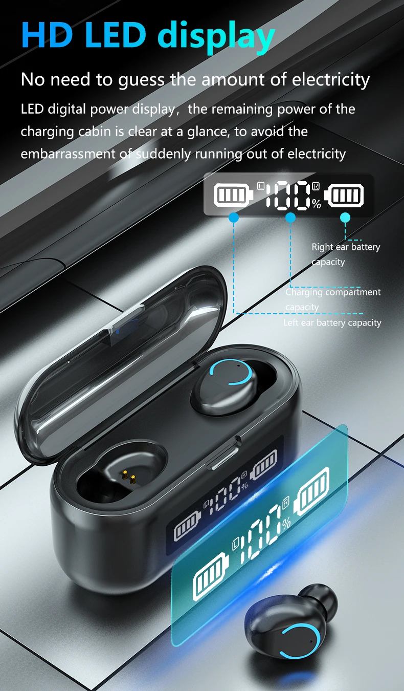 New F9-43 LED Power Display Wireless Headphone Earphone 2000mAh TWS 5.0 True Wireless Earbuds - ANKUX.COM