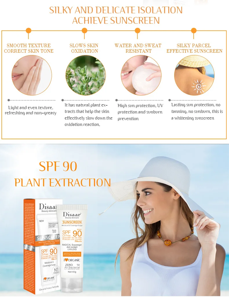Hot Sale Sun Cream Moisturizing Oil Free Organic SPF 90 Sunscreen