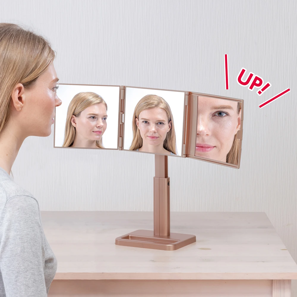 
High transparency square stand bathroom magnifying tri fold makeup vanity mirror 