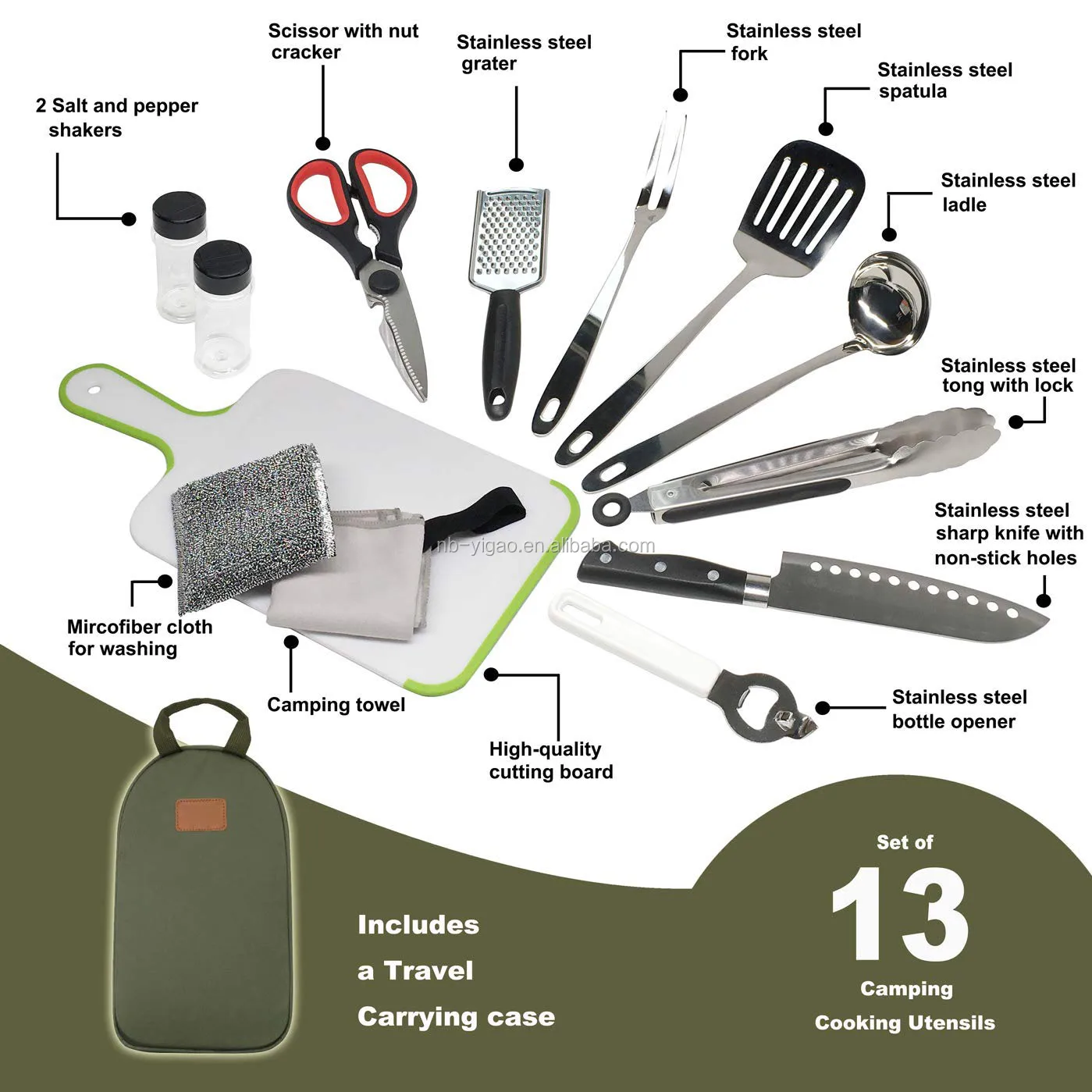 Camp Cooking Utensil Set & Outdoor Kitchen Gear10 Piece Cookware Kit