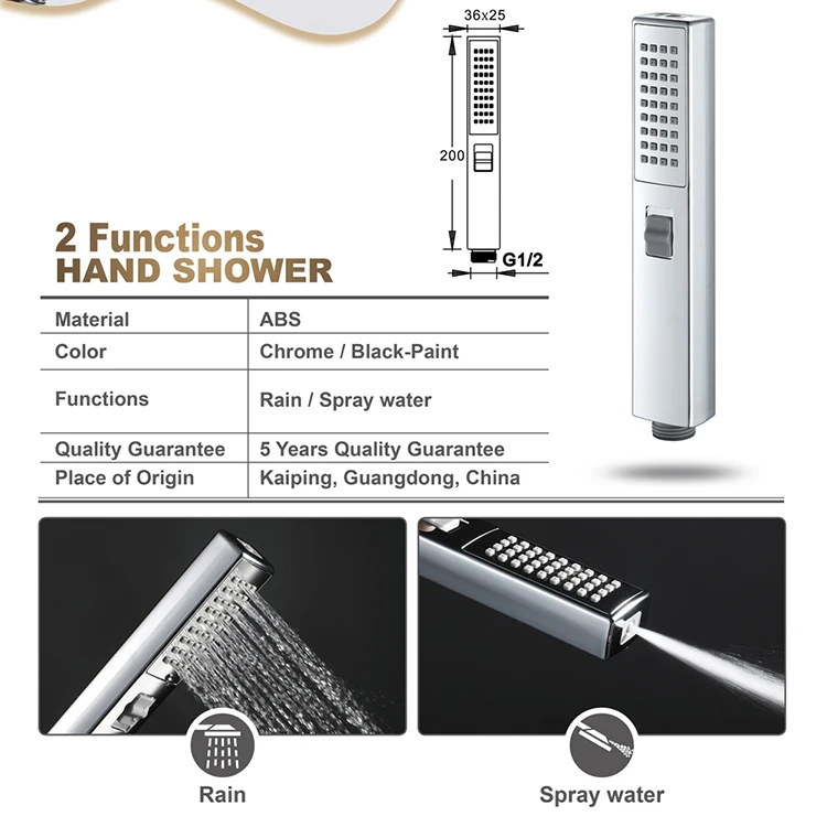 Two Function Heldhand Shower Bathroom Shower Accessories Chrome Square ABS Hand Shower Head