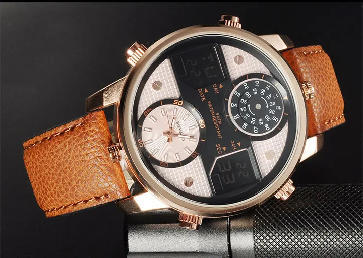 男士石英手表3时区手表BOAMIGO LED数字运动手表男皮革手表男士时钟F545