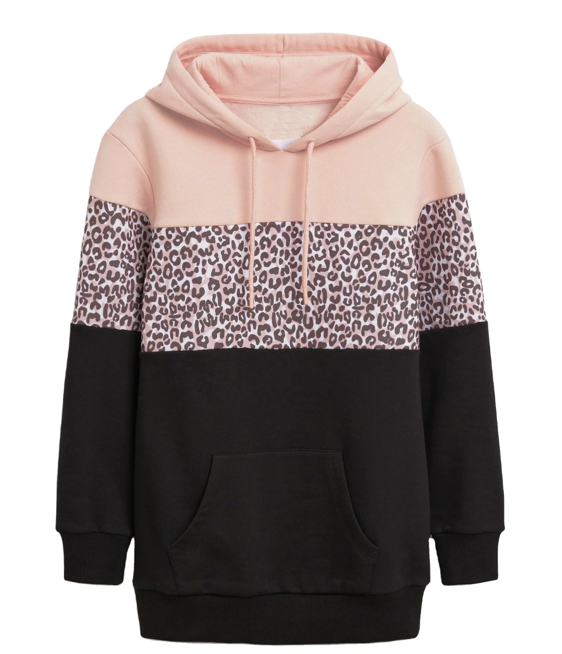 Leopard Printed Color Block Women Hoodie / Stylish Pullover Hooded