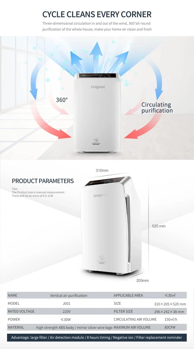 Remote Control Filter Floor Standing Activated Carbon True HEPA Air Purifier Ionizer For Large Rooms