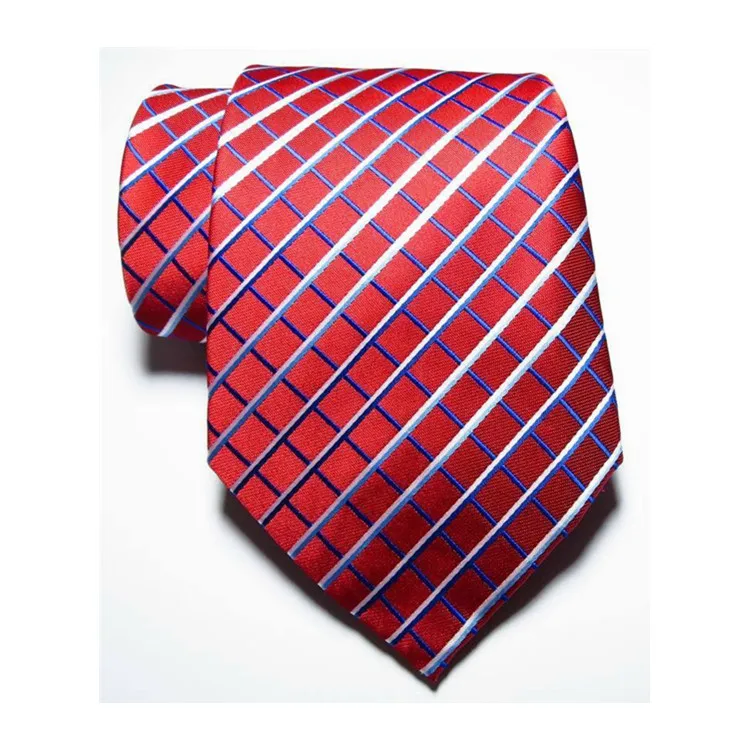 New Classic Checks Red Blue White JACQUARD WOVEN 100% Silk Men's Tie Necktie