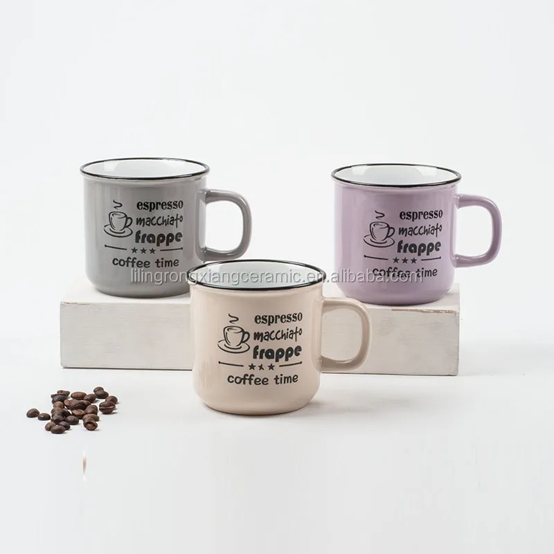 
Creative stoneware mug hand painted coffee design colorful black rim 16oz enamel mug 