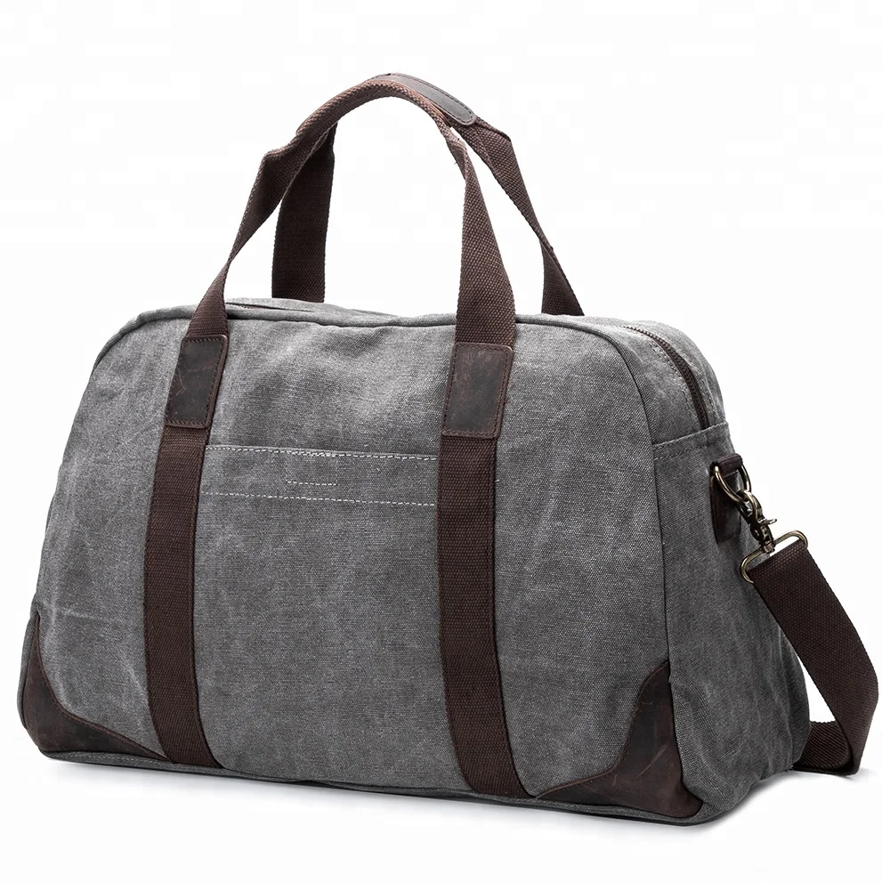 Eco-friendly Vintage Washed Canvas Travel Duffle Bag with Crazy horse leather trim