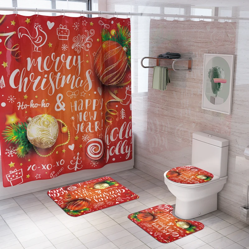 Santa Claus Shower Curtain Lid Toilet Cover Bath Mat Rug with Hooks Bathroom Accessory Sets