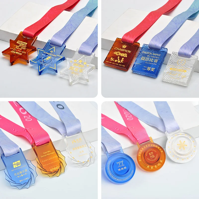 High Grade New Crystal Medal Ribbon Logo Engraved Gold Marathon Soccer Basketball  Sports Medals Souvenir Gifts factory