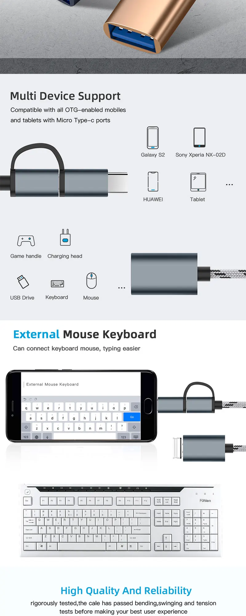 Eonline 2 in 1 USB3.0 OTG Adapter Cable Nylon Braid Micro/Type C Data Sync Adapter Cellphone Mouse Keyboard Connector for Huawei