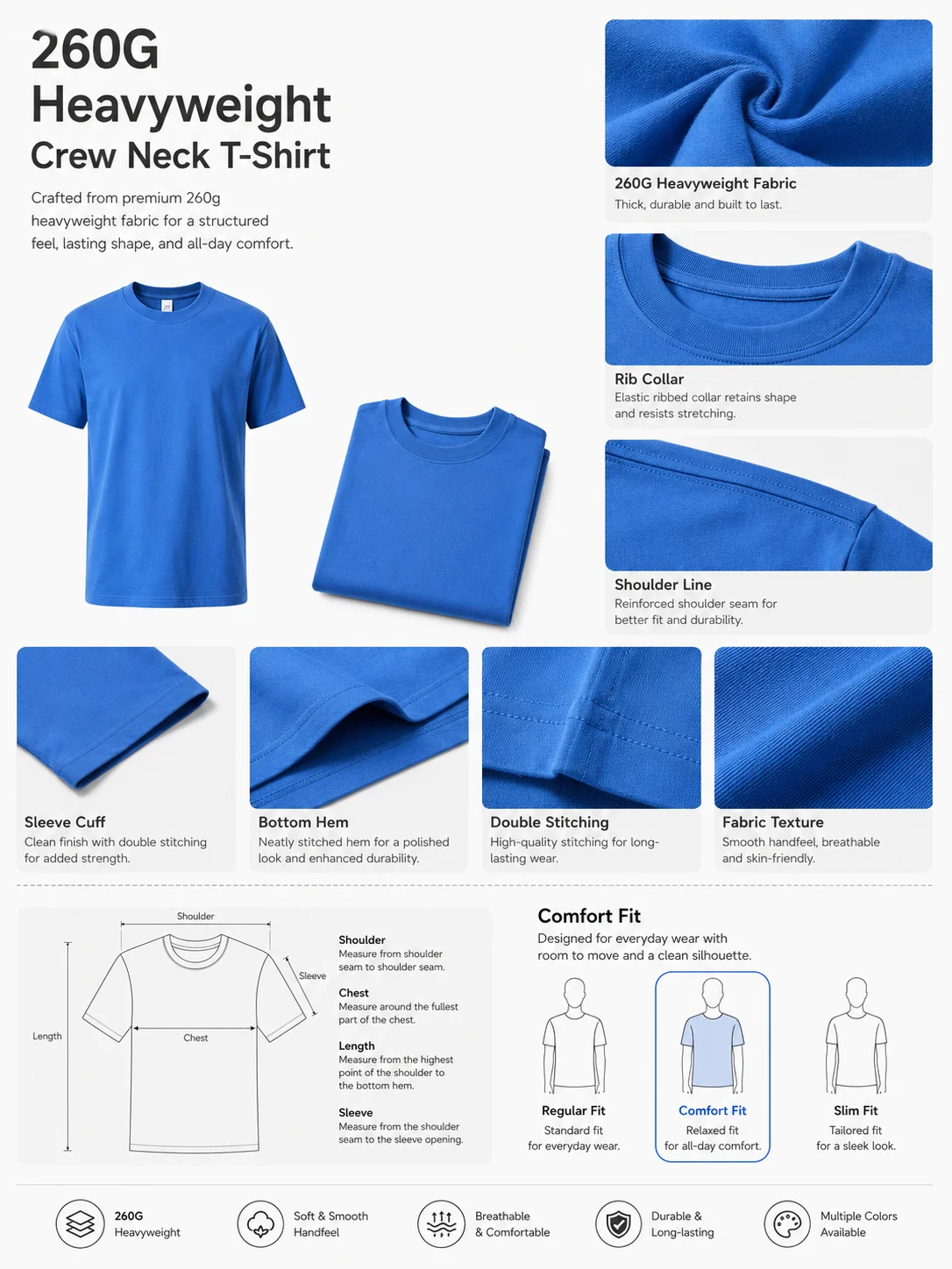 260GSM Super Heavyweight Cotton T-Shirt 24 Color Unisex Crew Neck Premium Blank Streetwear OEM